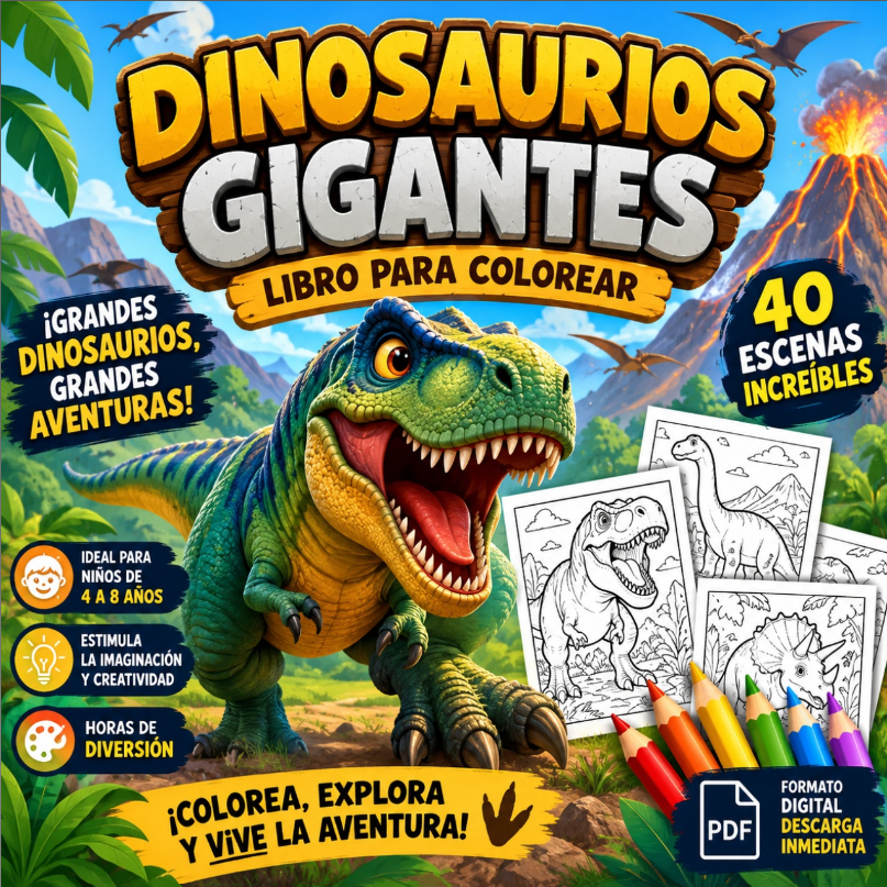 Portada de Dinosaurios Gigantes, libro digital para colorear de ColvixStudio Kids